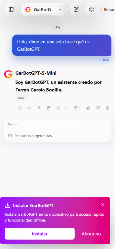 GarBotGPT — conversación con la IA respondiendo en tiempo real